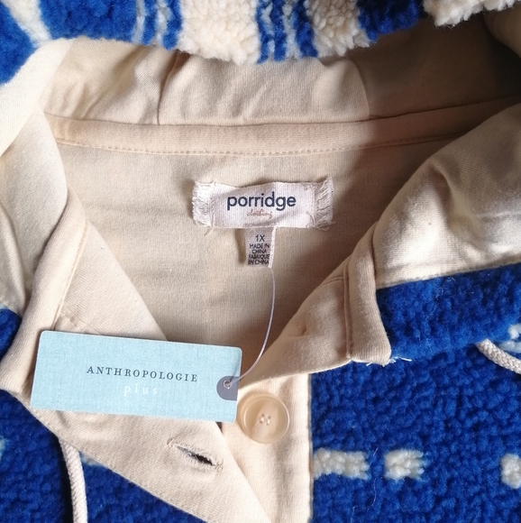 NWT Anthropologie Porridge Quinn Sherpa Fleece Blue Cream Sporty Hoodie - Picture 7 of 15